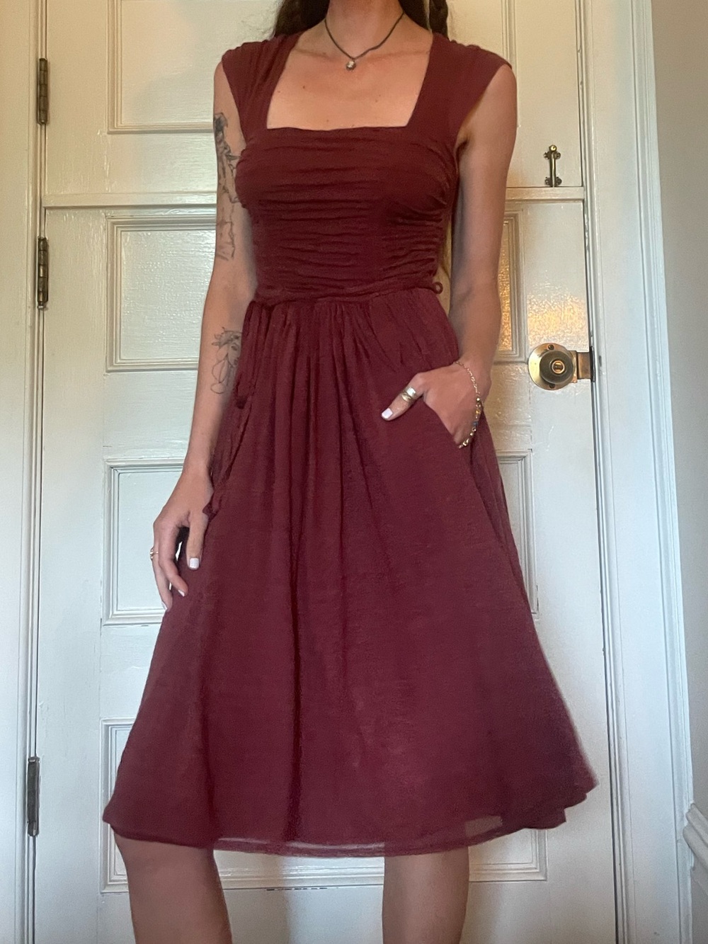 Square-Neck Midi Dress in Burgundy